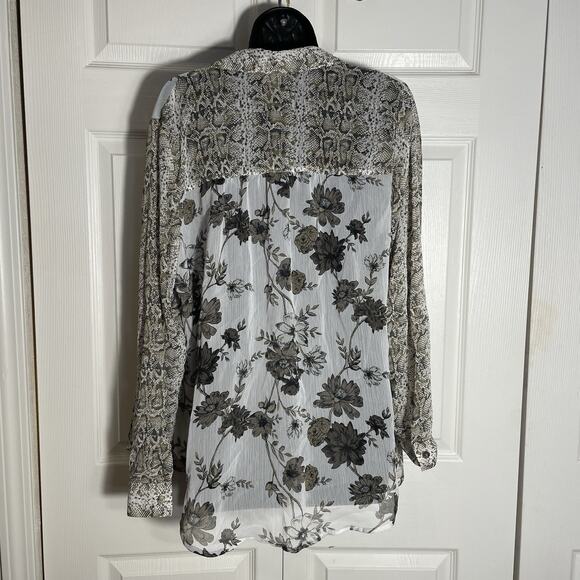Fig And Flower Shirt Women Large Beige Brown Animal Floral Print Sheer Whimsey - Picture 4 of 11